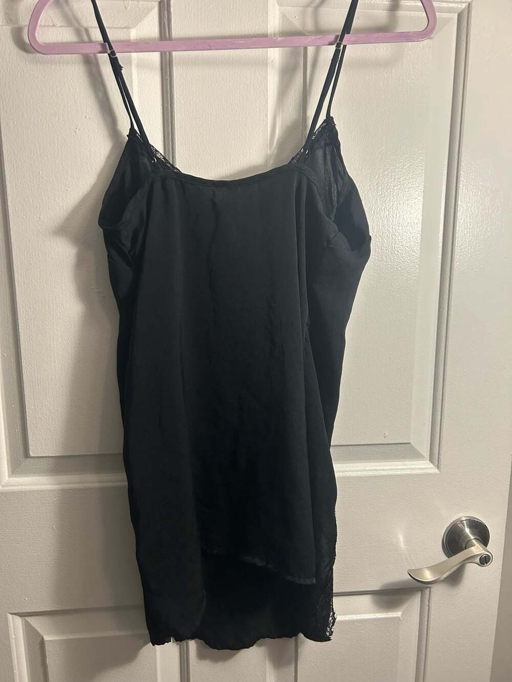 Out From Under Black Satin Lace-Trim Asymmetric Slip Dress - Picture 4 of 5